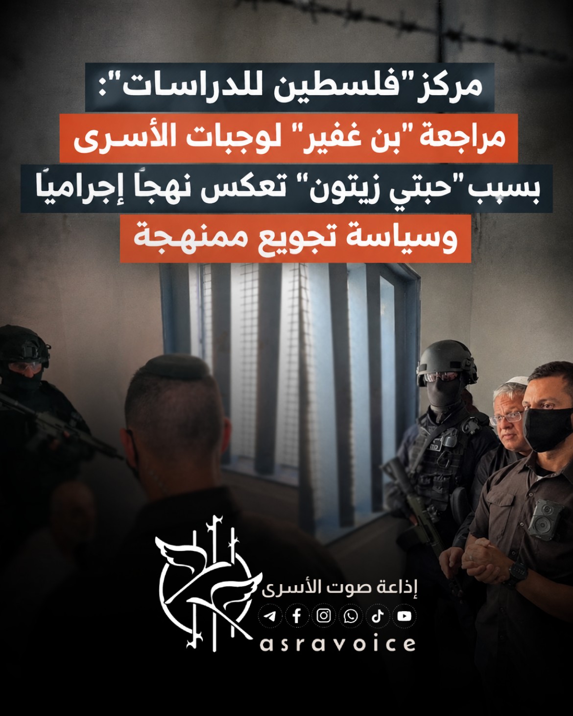 مركز _فلسطين للدراسات__ مراجعة _بن غفير_ لوجبات الأسرى بسبب _حبتي زيتون_ تعكس نهجاً إجرامياً وسياسة تجويع ممنهجة