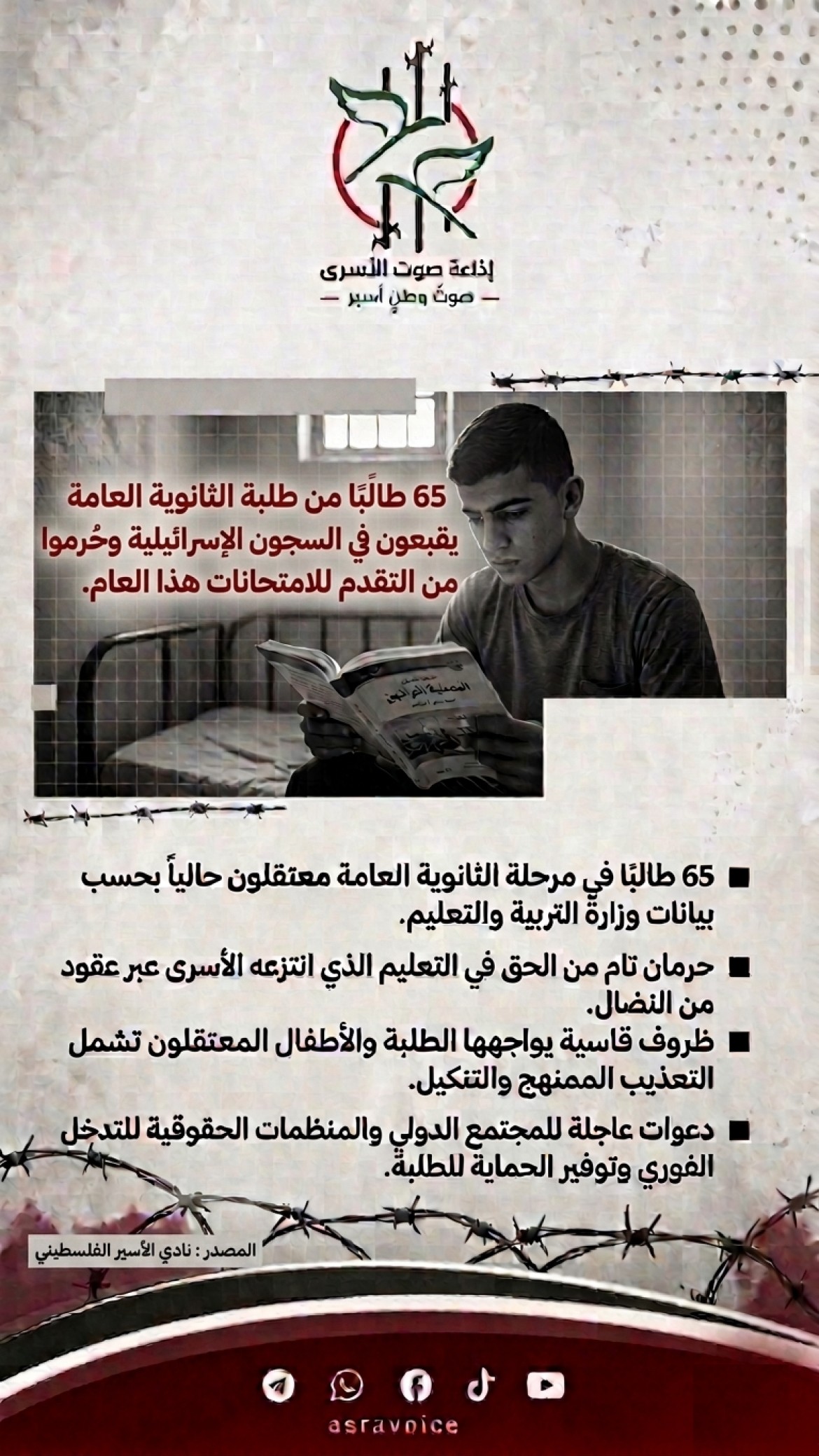 65 طالبًا من طلبة الثانوية العامة يقبعون في السجون الإسرائيلية وحُرموا من التقدم للامتحانات هذا العام.
